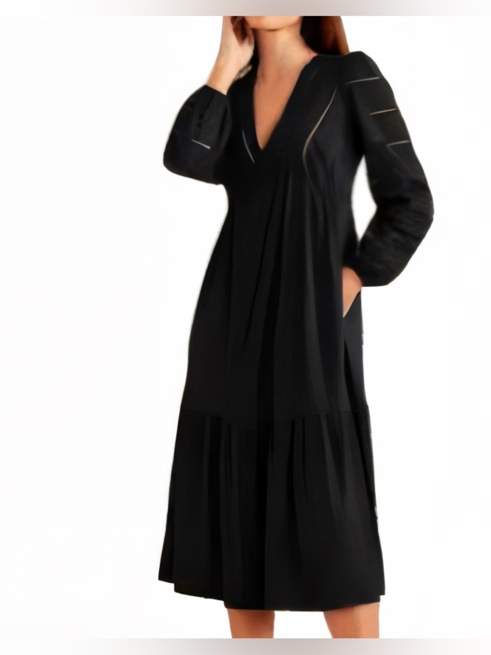 Boden Black V-Neck Tiered Mixed Media Midi Dress with Long Sleeves Size 10